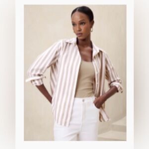 Nwt BANANA REPUBLIC CLASSIC COTTON SHIRT British khaki white stripe medium $70